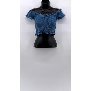 KIWI + PUNCH Women's Blue Denim Smocked Off-The-Shoulder Cropped Top SZ M